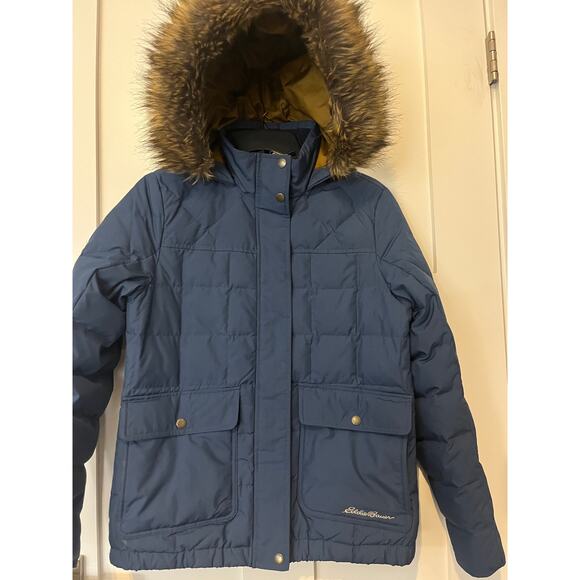 Eddie Bauer Goose‎ Down Blue Hooded Fur Winter Parka Coat Size Small - Picture 1 of 9
